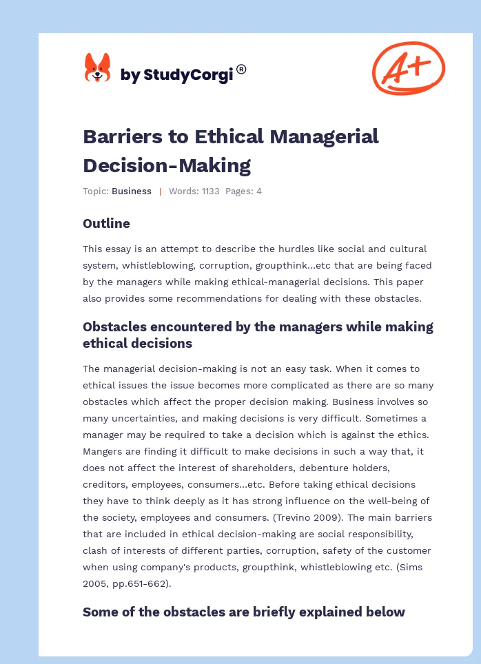 Barriers to Ethical Managerial Decision-Making. Page 1
