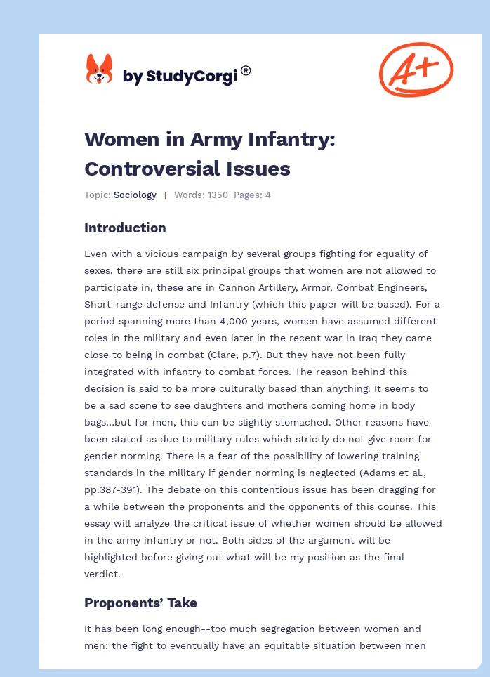Women in Army Infantry: Controversial Issues. Page 1