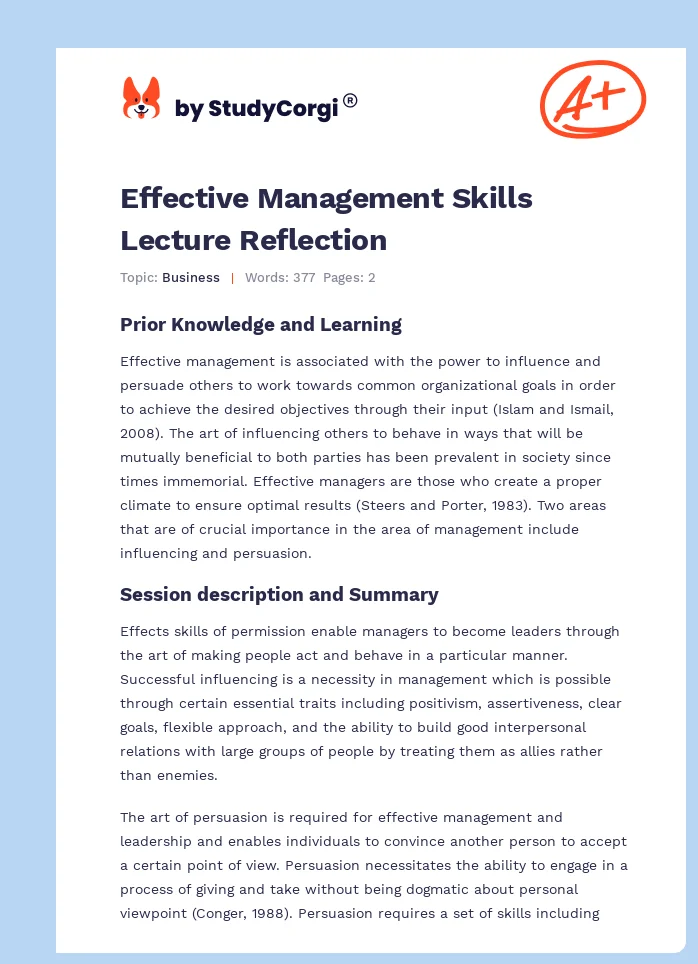 Effective Management Skills Lecture Reflection. Page 1