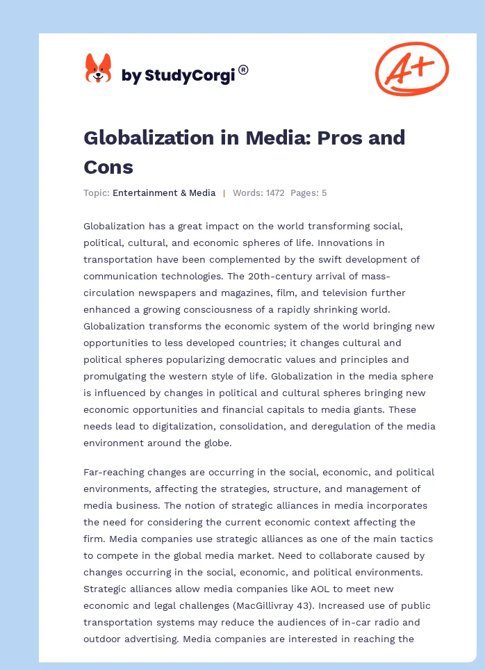 Globalization in Media: Pros and Cons. Page 1