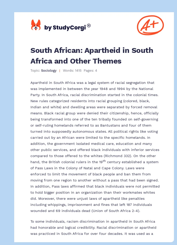 South African: Apartheid in South Africa and Other Themes. Page 1