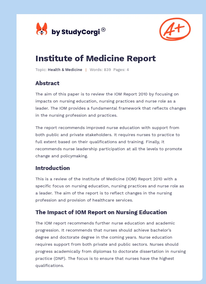 Institute of Medicine Report. Page 1