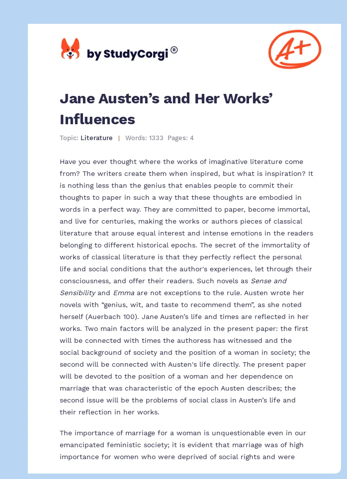 Jane Austen’s and Her Works’ Influences. Page 1