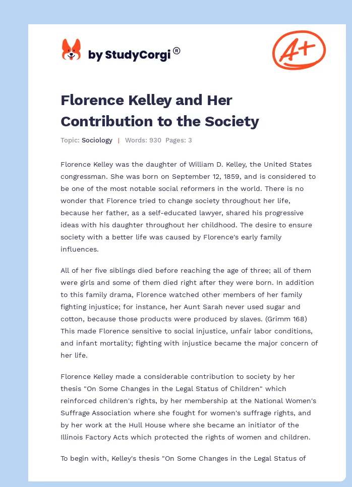Florence Kelley and Her Contribution to the Society. Page 1