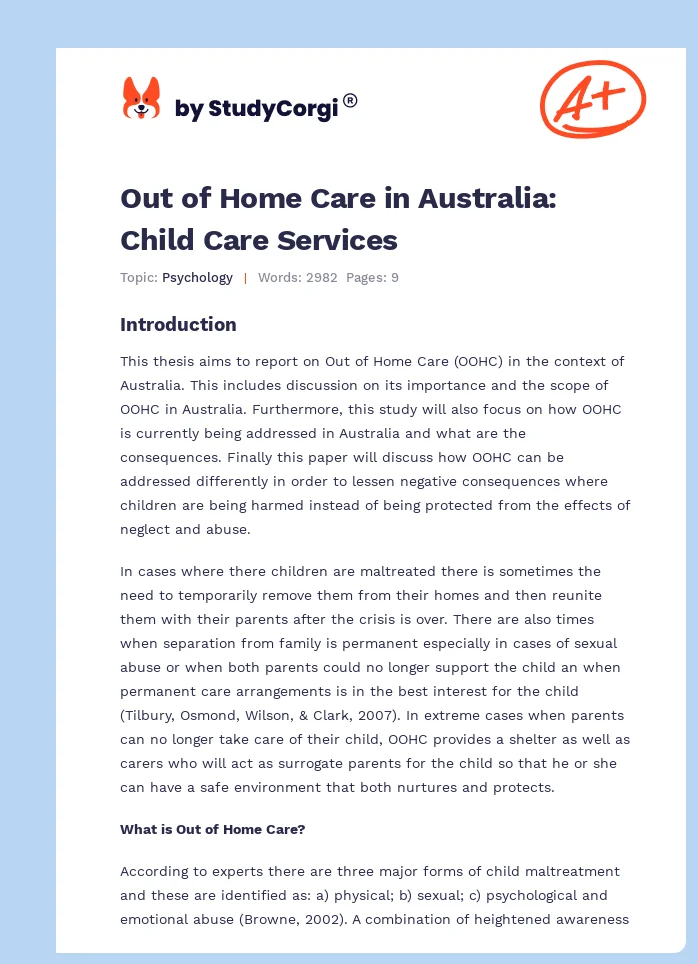 Out of Home Care in Australia: Child Care Services. Page 1