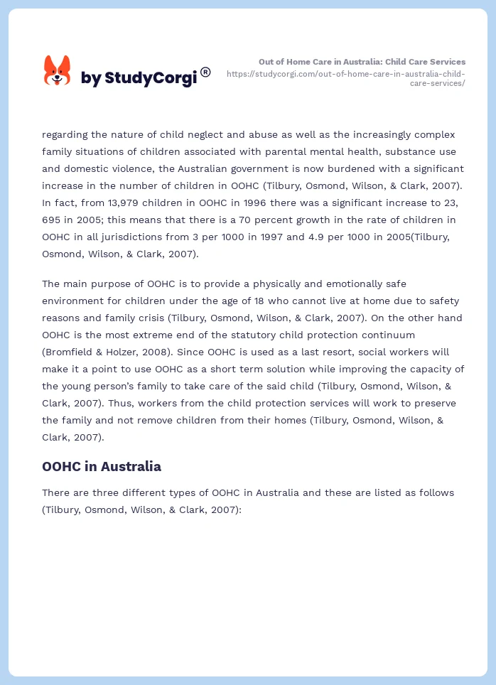 Out of Home Care in Australia: Child Care Services. Page 2