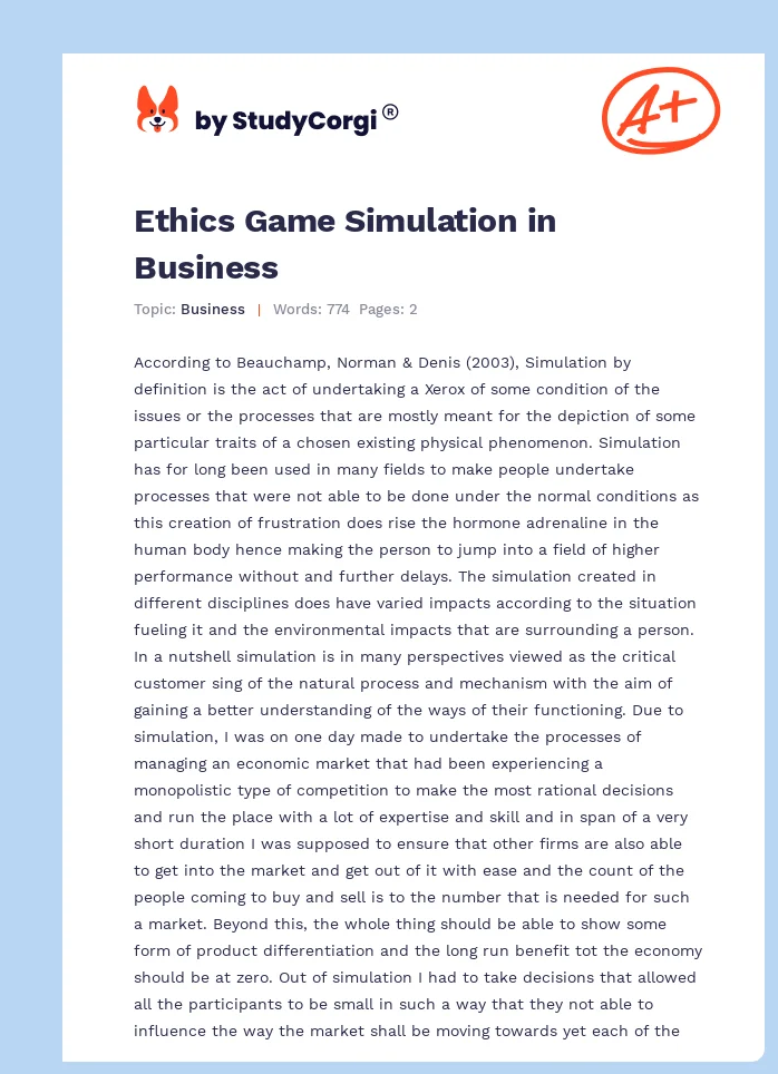 Ethics Game Simulation in Business. Page 1