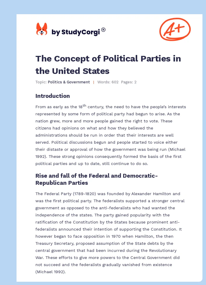 The Concept of Political Parties in the United States. Page 1