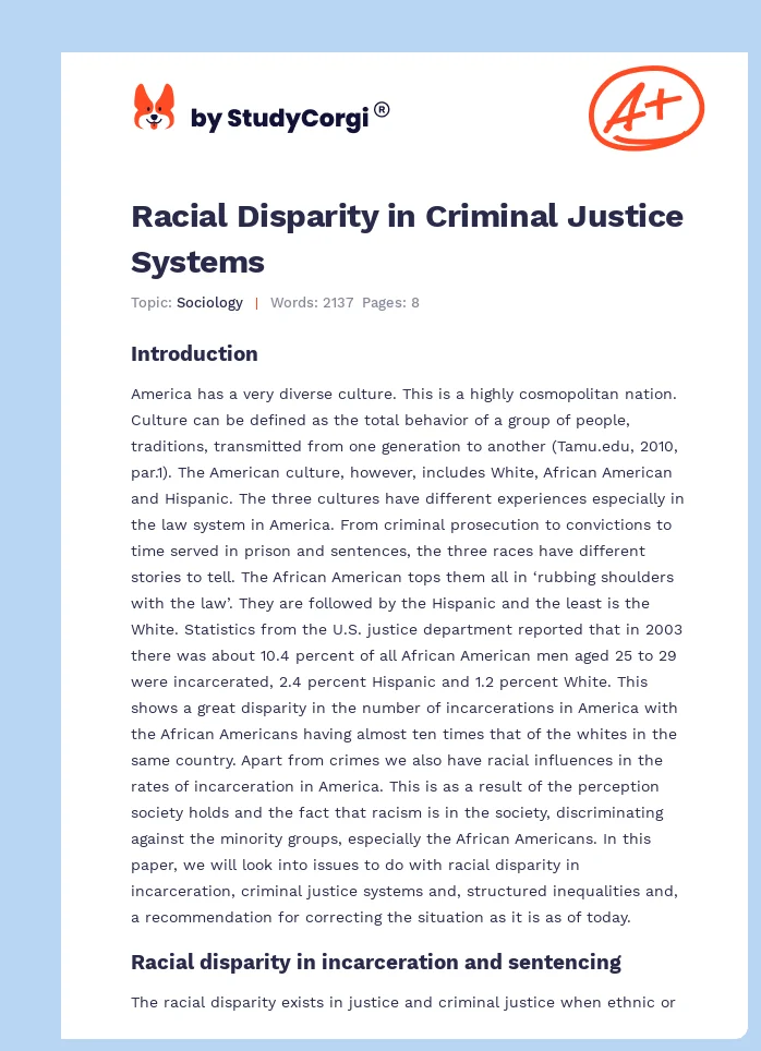 Racial Disparity in Criminal Justice Systems. Page 1