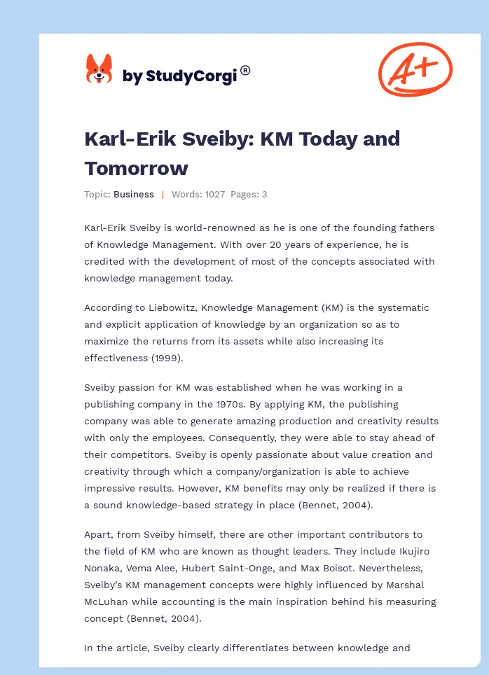 Karl-Erik Sveiby: KM Today and Tomorrow. Page 1