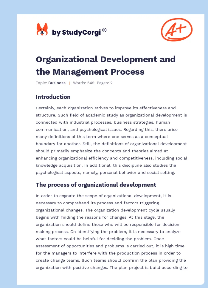 Organizational Development and the Management Process | Free Essay Example