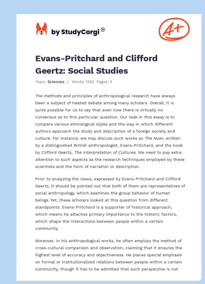 Evans-Pritchard and Clifford Geertz: Social Studies. Page 1
