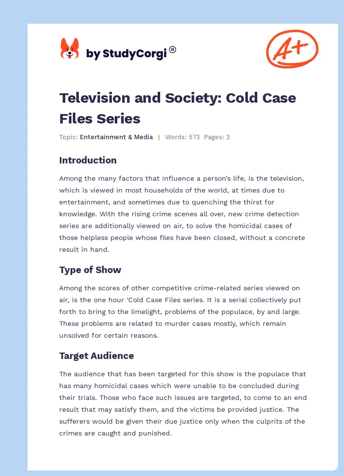 Television and Society: Cold Case Files Series. Page 1