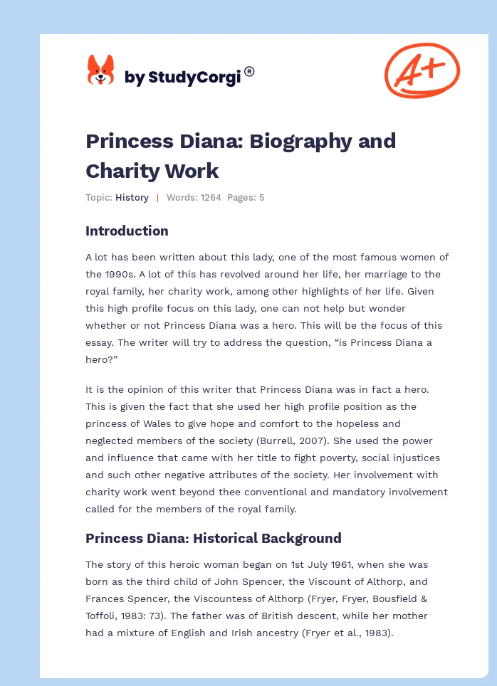 Princess Diana: Biography and Charity Work. Page 1