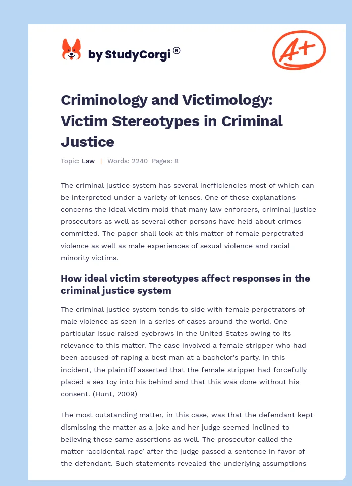 Criminology and Victimology: Victim Stereotypes in Criminal Justice. Page 1