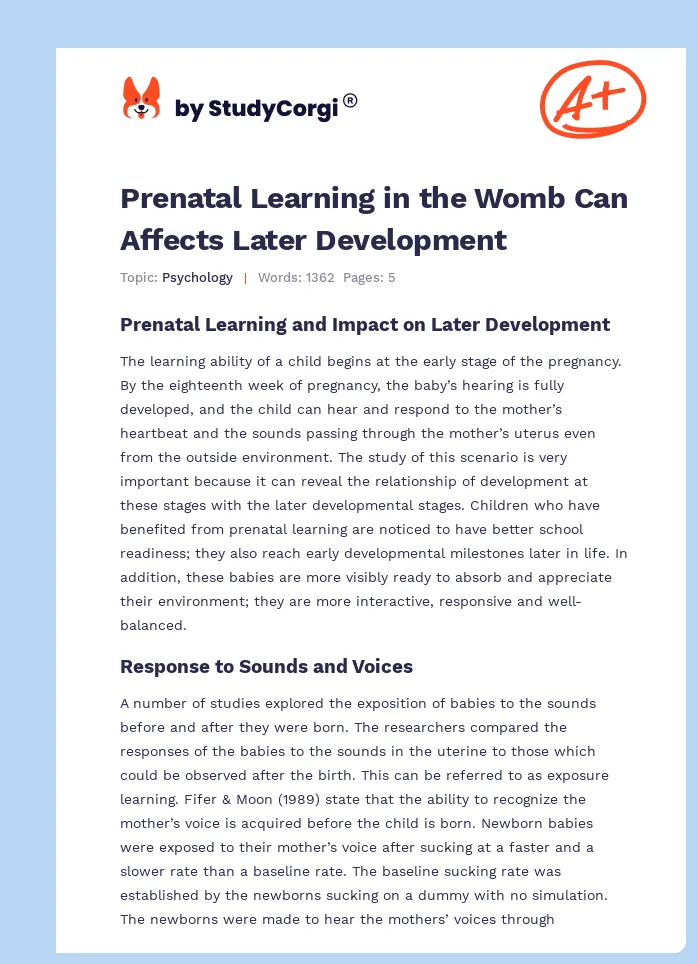 Prenatal Learning in the Womb Can Affects Later Development. Page 1