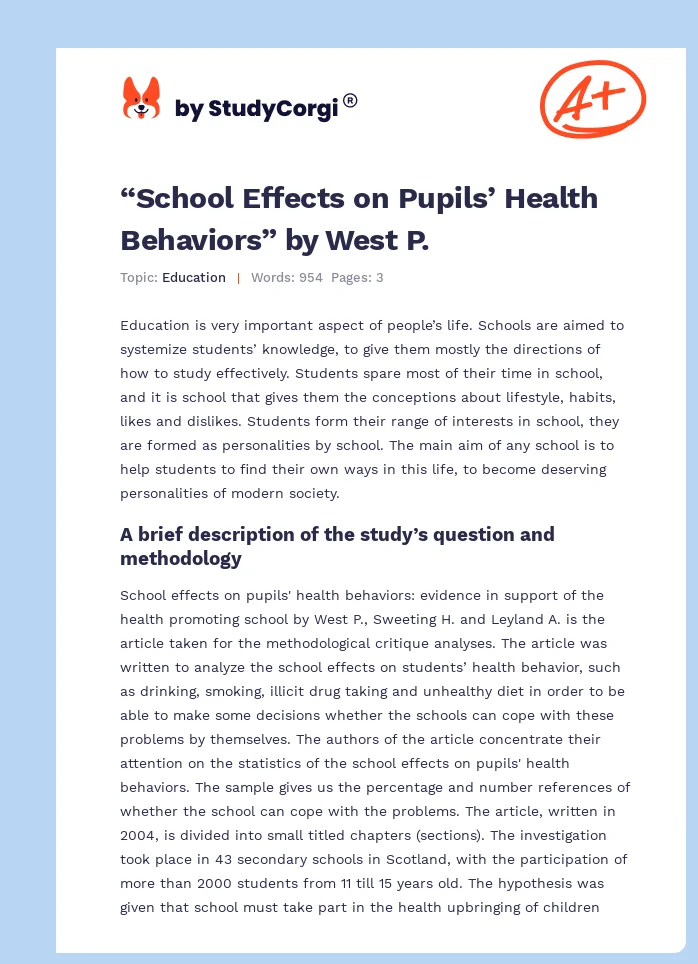 “School Effects on Pupils’ Health Behaviors” by West P.. Page 1