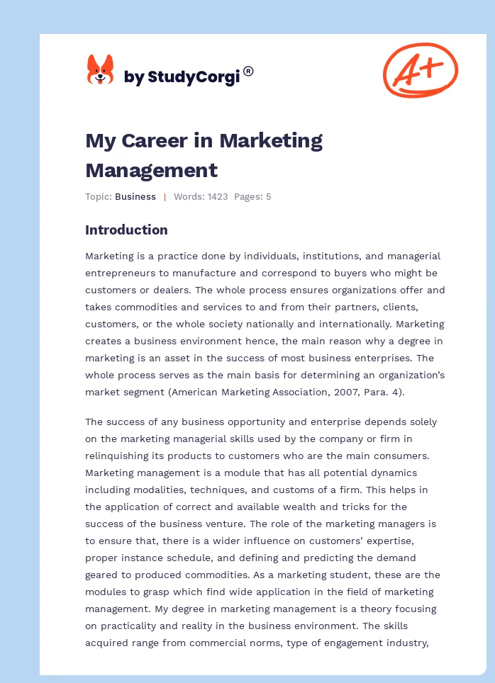 My Career in Marketing Management. Page 1