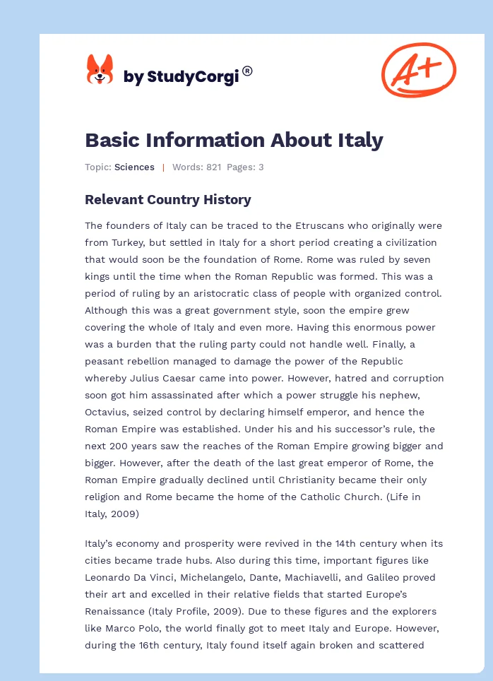 Basic Information About Italy. Page 1