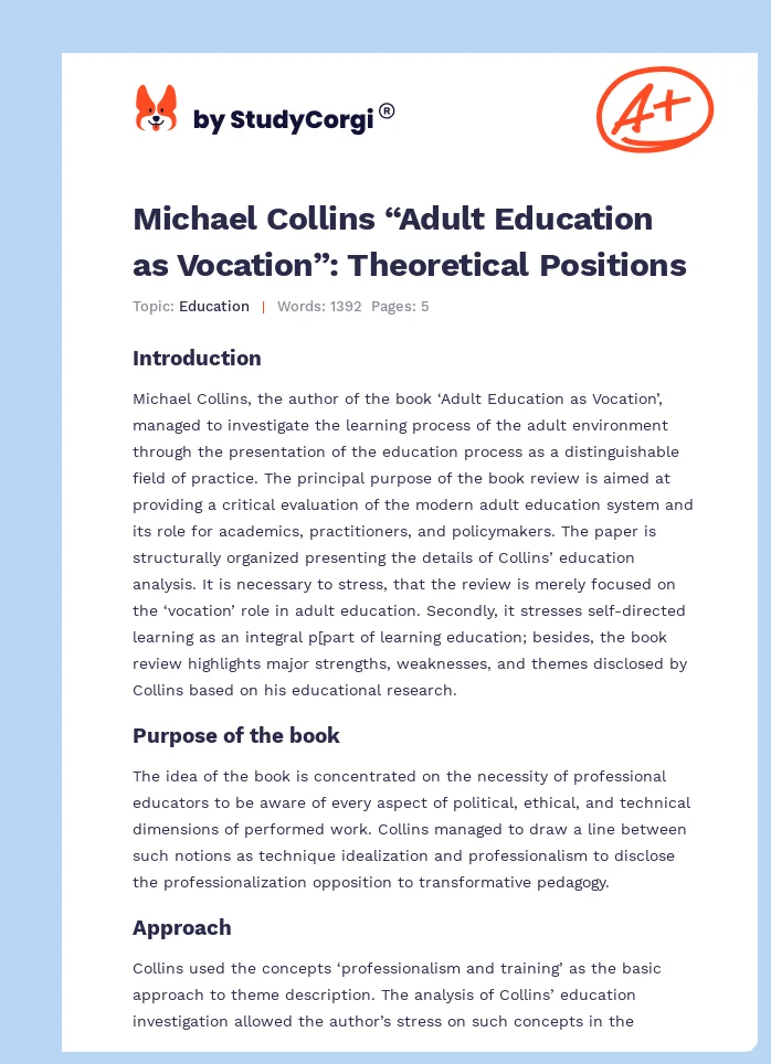 Michael Collins “Adult Education as Vocation”: Theoretical Positions. Page 1