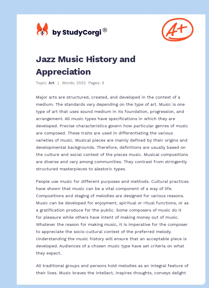 Jazz Music History and Appreciation. Page 1
