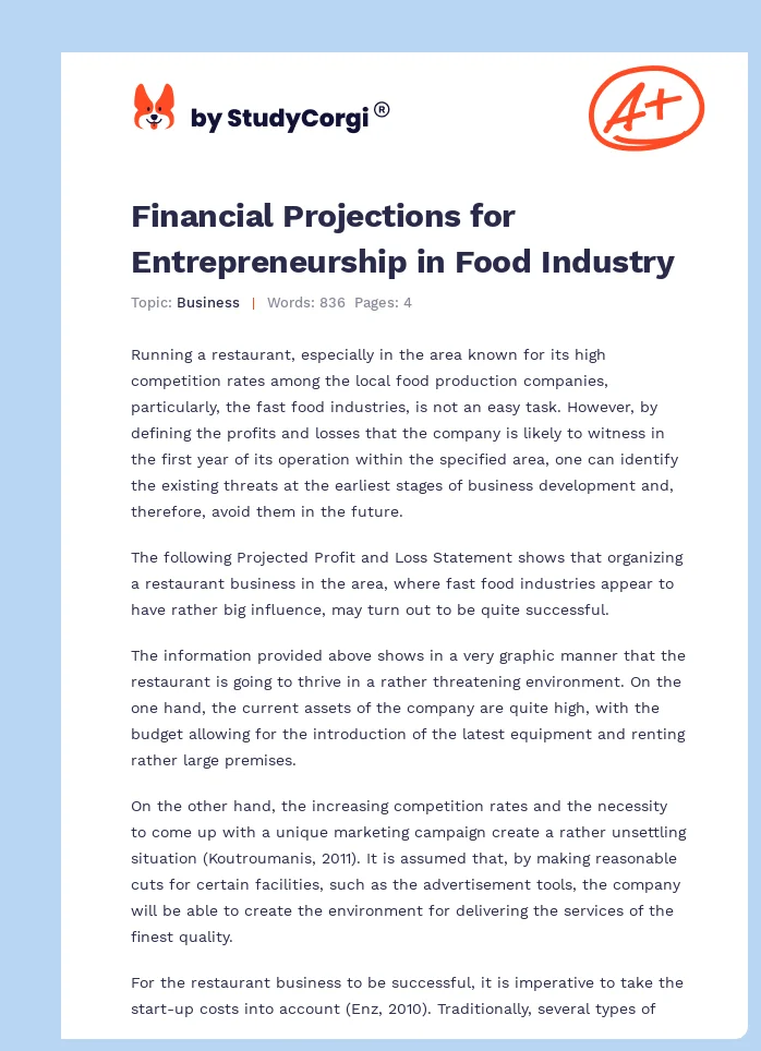 Financial Projections for Entrepreneurship in Food Industry. Page 1