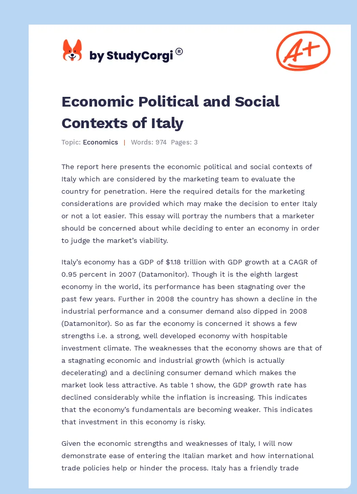 Economic Political and Social Contexts of Italy. Page 1