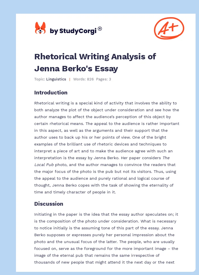 Rhetorical Writing Analysis of Jenna Berko's Essay. Page 1
