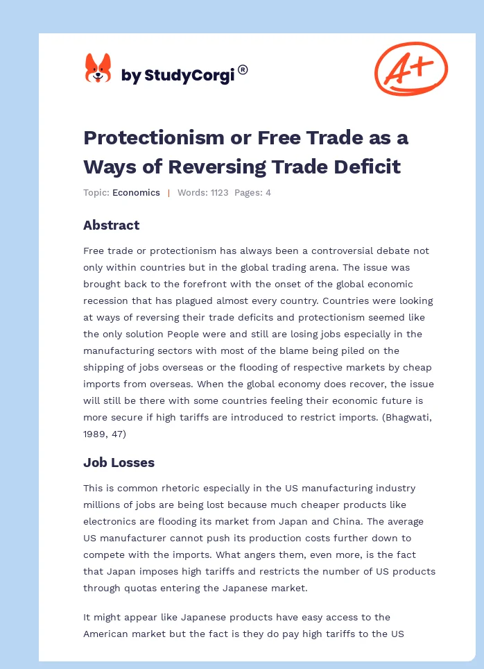 Protectionism or Free Trade as a Ways of Reversing Trade Deficit. Page 1