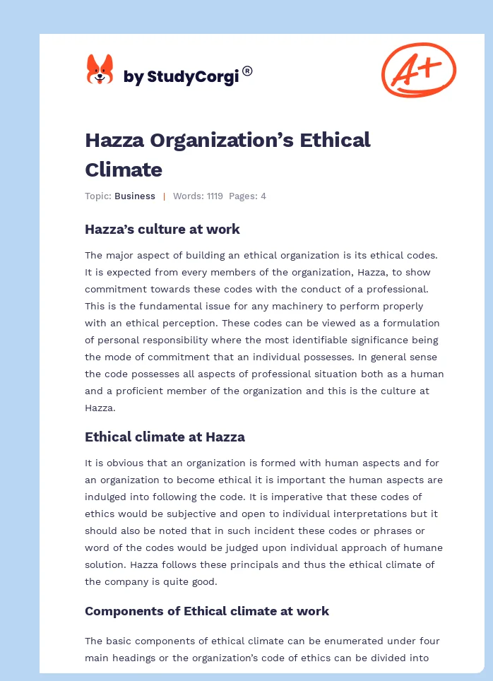 Hazza Organization’s Ethical Climate. Page 1