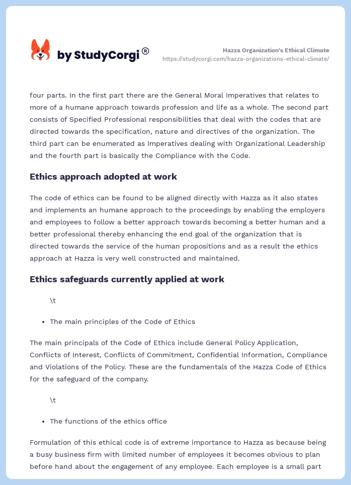 Hazza Organization’s Ethical Climate. Page 2
