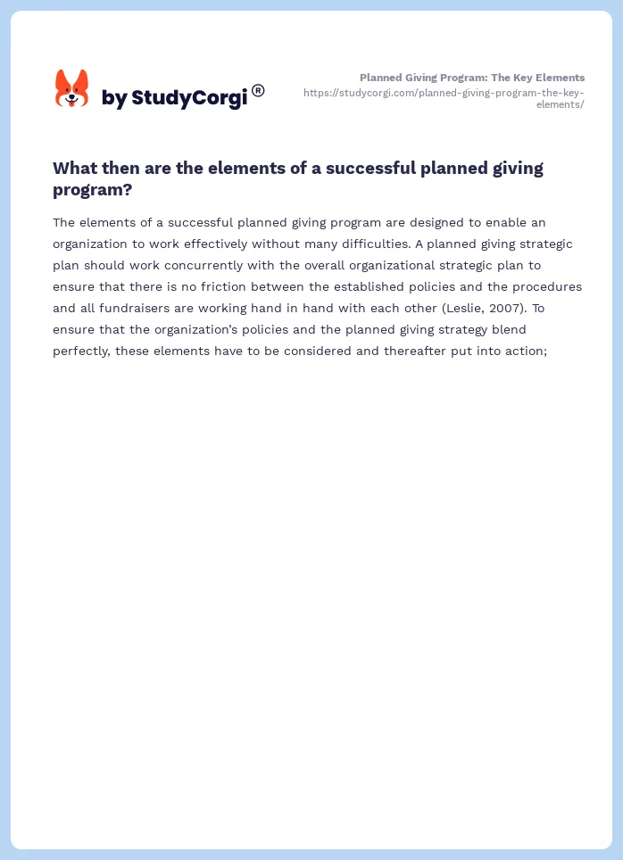 Planned Giving Program: The Key Elements. Page 2