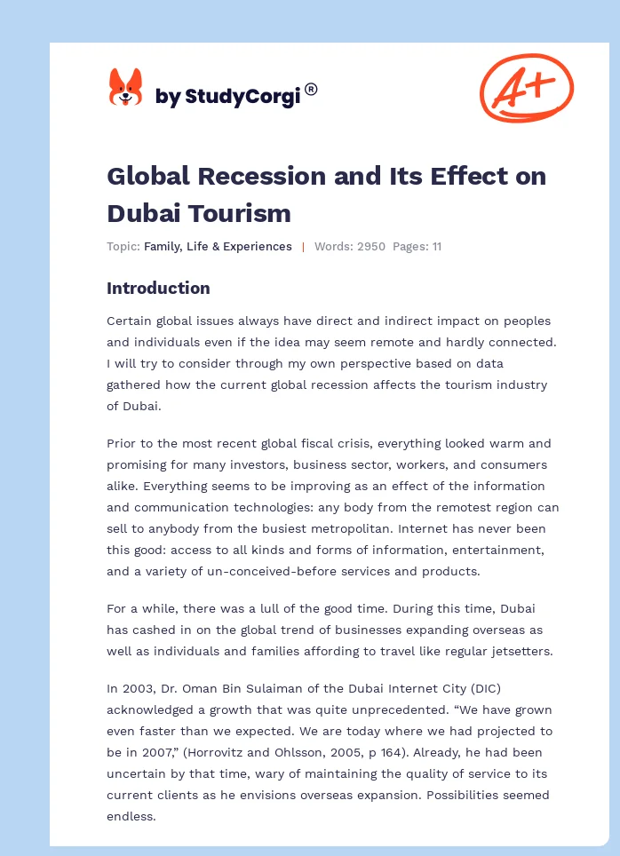 Global Recession and Its Effect on Dubai Tourism. Page 1