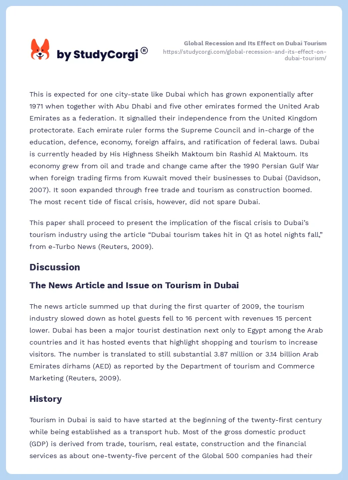 Global Recession and Its Effect on Dubai Tourism. Page 2