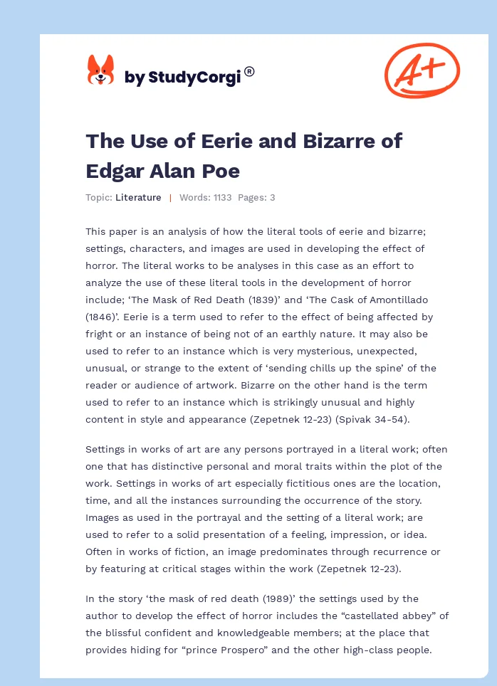 The Use of Eerie and Bizarre of Edgar Alan Poe. Page 1