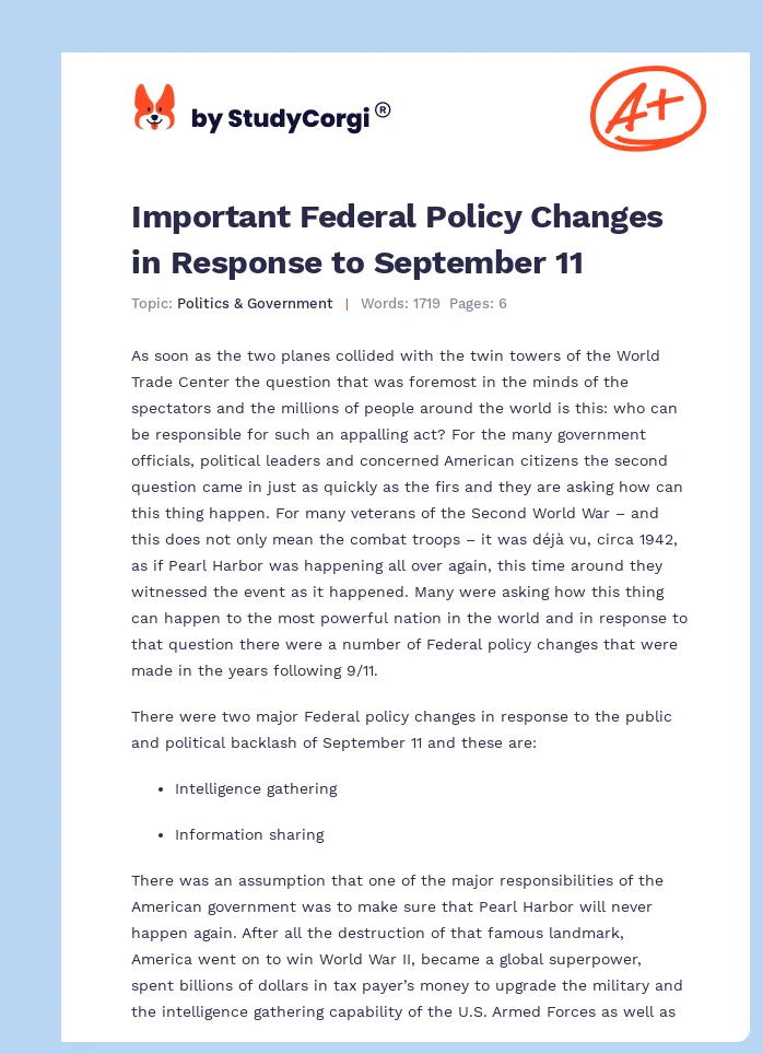 Important Federal Policy Changes in Response to September 11. Page 1