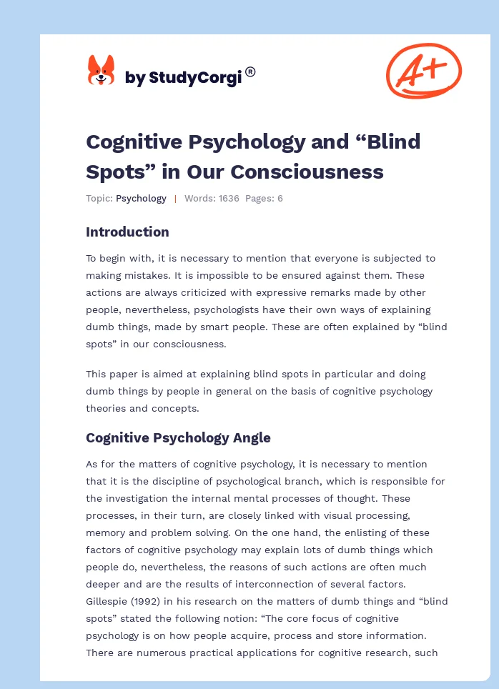 Cognitive Psychology and “Blind Spots” in Our Consciousness. Page 1
