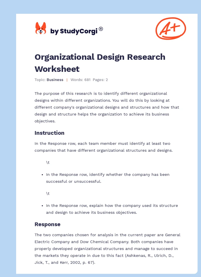 Organizational Design Research Worksheet. Page 1