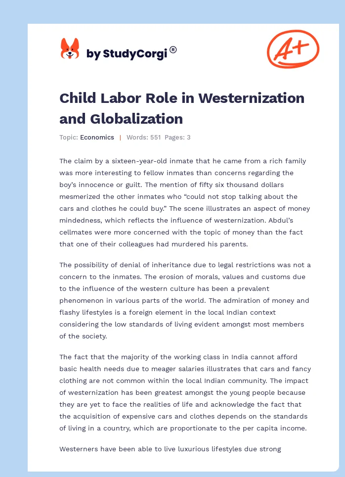 Child Labor Role in Westernization and Globalization. Page 1