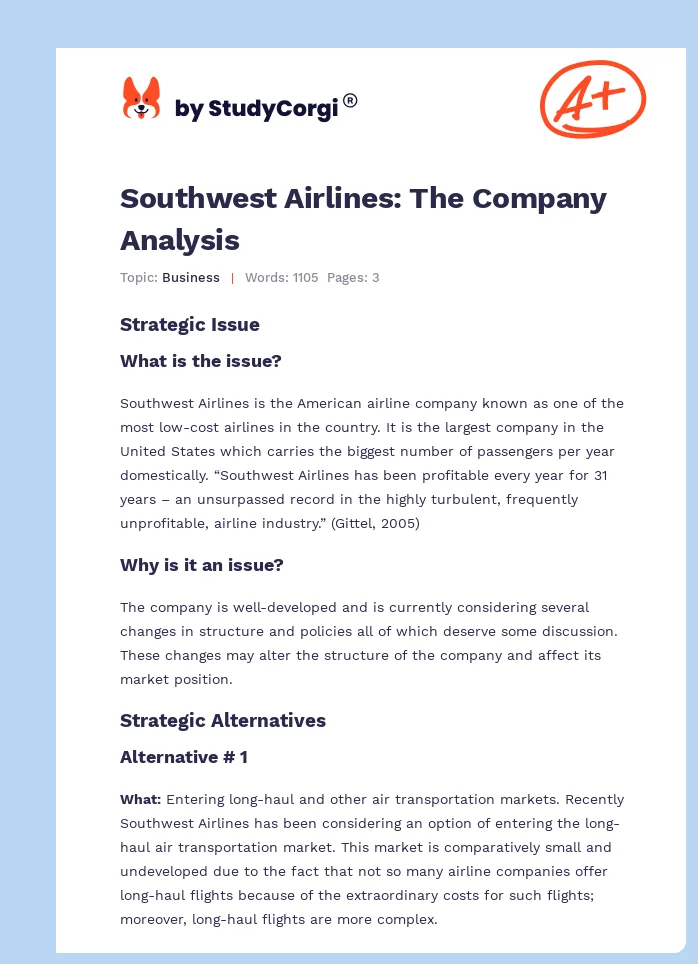 Southwest Airlines: The Company Analysis. Page 1