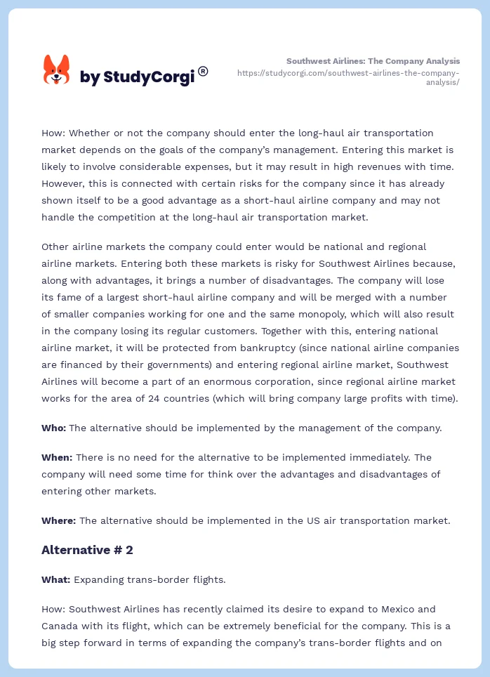 Southwest Airlines: The Company Analysis. Page 2