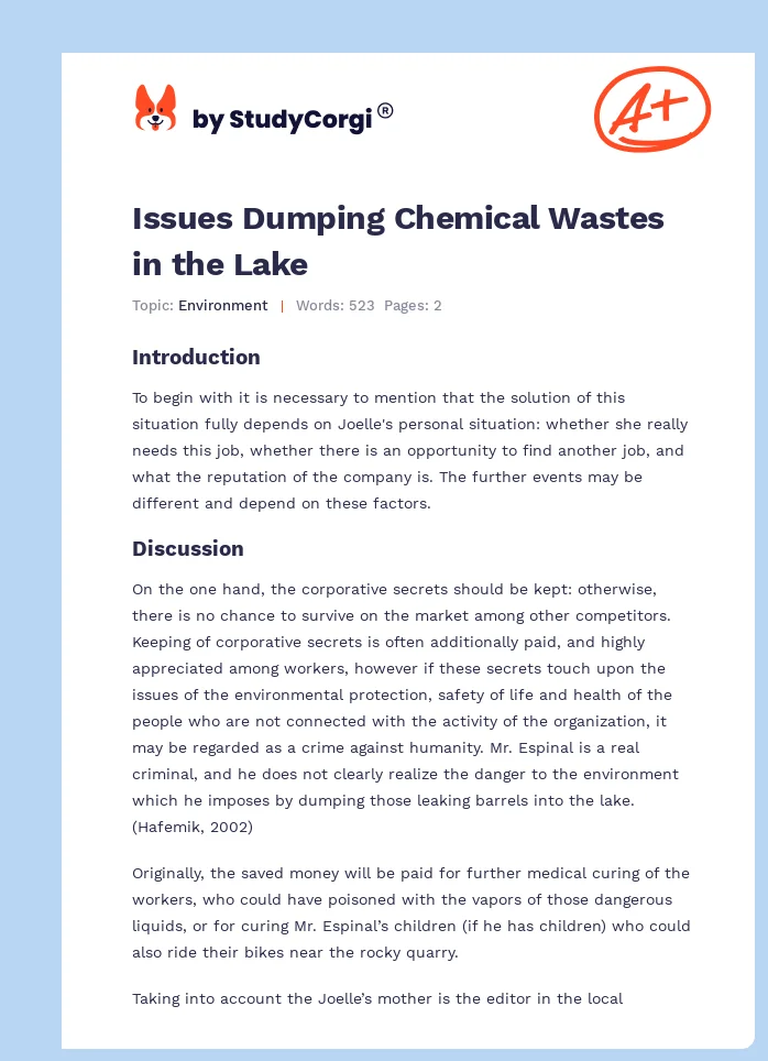 Issues Dumping Chemical Wastes in the Lake. Page 1