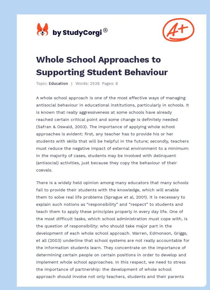 Whole School Approaches to Supporting Student Behaviour. Page 1