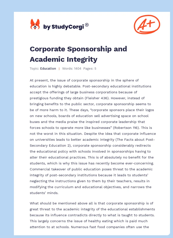 Corporate Sponsorship and Academic Integrity. Page 1