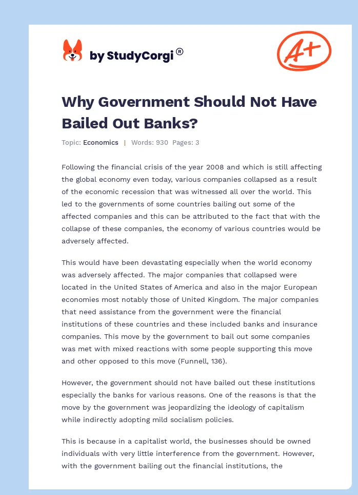Why Government Should Not Have Bailed Out Banks?. Page 1