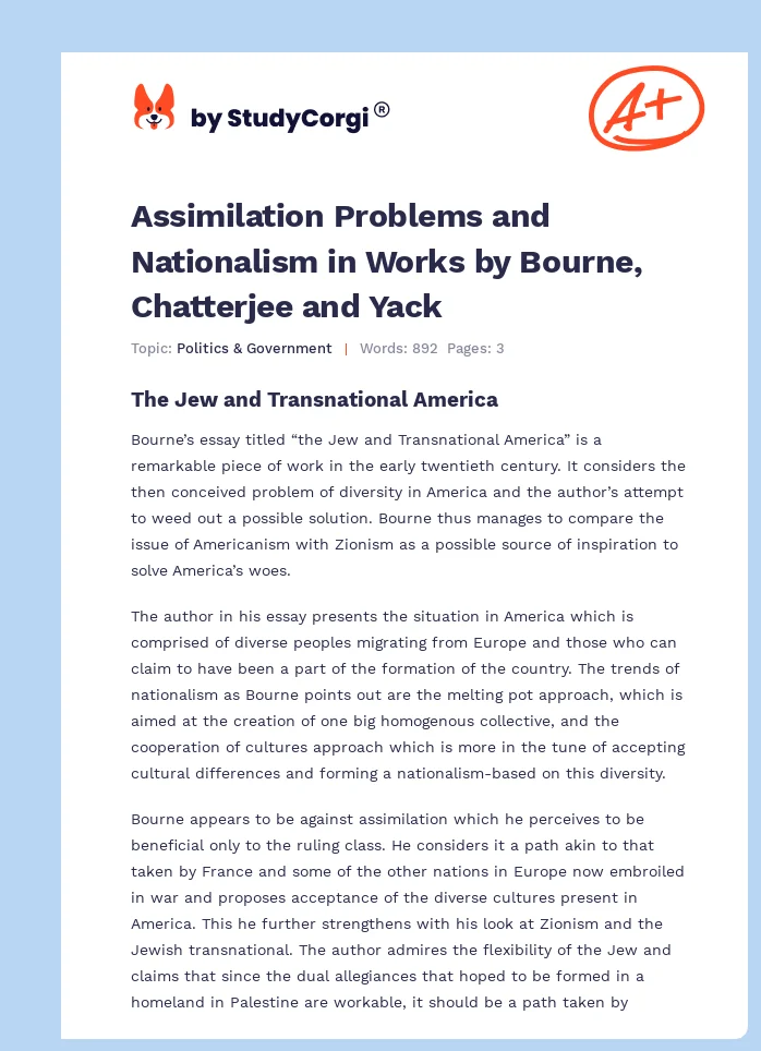 Assimilation Problems and Nationalism in Works by Bourne, Chatterjee and Yack. Page 1