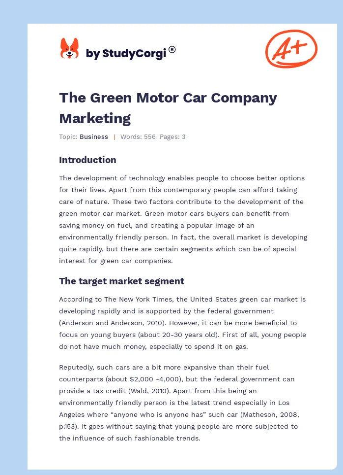 The Green Motor Car Company Marketing. Page 1