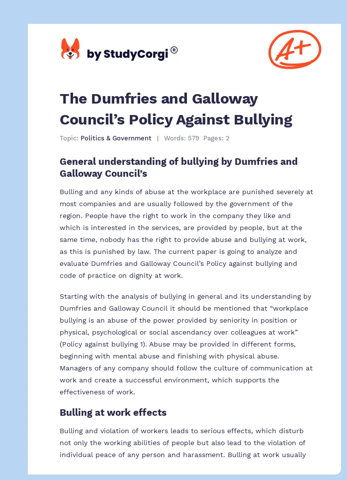 The Dumfries and Galloway Council’s Policy Against Bullying. Page 1