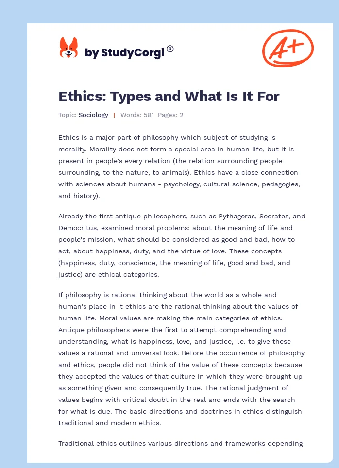 Ethics: Types and What Is It For. Page 1