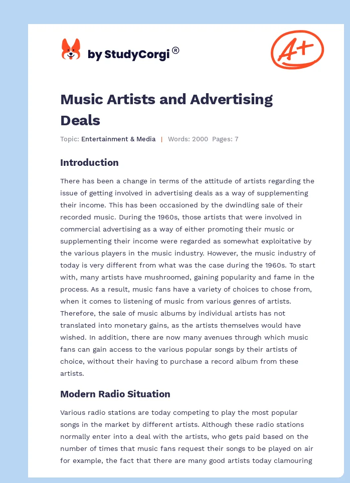 Music Artists and Advertising Deals. Page 1